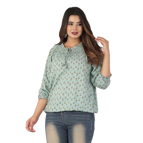 Image of Himanshi Enterprises Women's Traditional 3 /4 Sleeves Mandarin Nack Rayon Floral Printed Short Kurti
