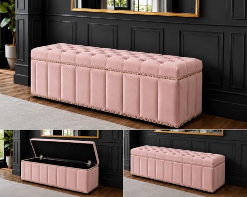 Image of Tufted Velvet Storage Ottoman Bench with Nailhead Trim (Blush pink) | Storage Ottoman bench