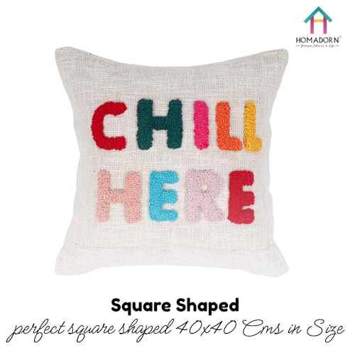 Image of HOMADORN 100% Cotton Hand Tufted Cushion Cover | Text Pattern Decorative Pillow Case | Boho Sofa Cushion Cover for Living Room | Soft & Durable | (16x16 Inches) (2, CHILL HERE Multicolor)