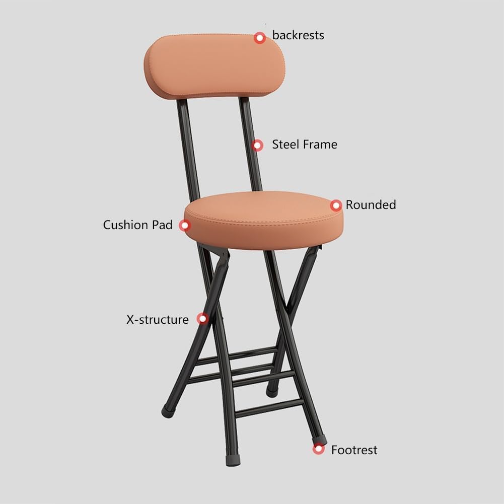 Sgabello pieghevole portatile in pelle nera con schienale, elegante sedia rotonda da cucina per casa e sala da pranzo, design salvaspazio perfetto per piccoli spazi