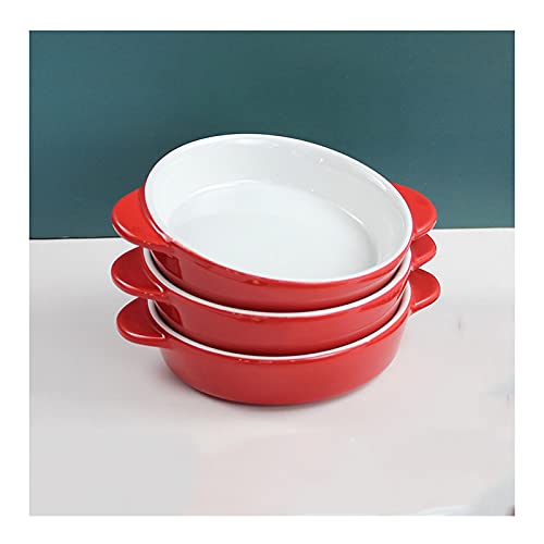 Fuente de Horno Conjunto de 3 platos de hornear au gratina redondos, panorámica de lasaña, taja de porcelana for la lasaña de la cocina for hornear las bandejas con asas, rojo Vajilla para Hornear