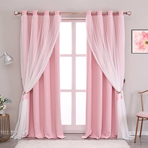 Image of Blackout Sheer Curtains Set - Double Layers Stylish Mix & Match Elegance White Crushed Voile x Blackout Curtains with Tie-Backs for Nursery Bedroom, 52 by 108 inches, Light Pink, 2 PCs