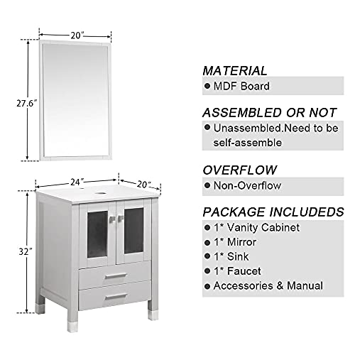 Tonyrena 36 Inch Bathroom Vanity In White With Mirror And Tempered Glass Countertop,Include White Round Vessel Sink Set #TOP4