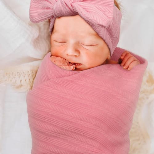 Image of AQOKKA Newborn Receiving Blanket with Bow Hat Headband Wooden Card Set Wheat-Pattern Newborns Toddler Baby Boy Girl Nursery Swaddle Wrap