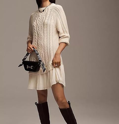 Women Crewneck Cable Knit Sweater Mini Dress, Fall Winter Long Sleeve Mini Warm Pleated Twofer Style Patchwork4