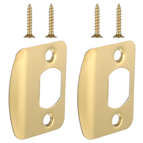 Door Strike Plate 2-1/4x1-3/4 2 Pcs Universal Round Corner Design Gold Stainless Steel Construction Extended Lip Door Latch Plates Hardware with 4 Pcs 0.8 Screws for Interior/Exterior Doors