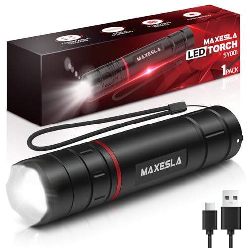 11% off - Maxesla LED Torch Rechargeable,Super Bright Flashlight with 3 Light Modes,Adjustable Focus,Pocket Size, Waterproof,Hand Torch for Camping,Hiking,and Emergency