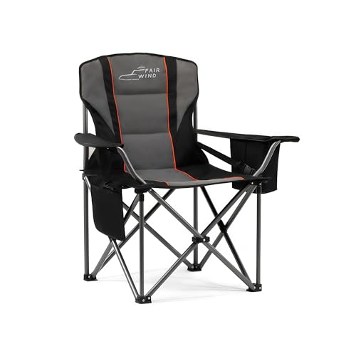 FAIR WIND Padded Camping Chair 500LBS Capacity Heavy Duty Oversized Folding Chair for Heavy People Portable Lawn Chair with Adjustable Lumbar Support, Cooler Bag & Cup Holder for Outdoor, Beach