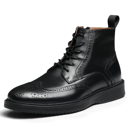 Hantatop Mens Dress Boots Genuine Leather Brogue Wingtip Mens Casual Oxford Boots with Side Zipper Comfortable Formal Lace Up Chukka Ankle Boot for Men (Black US-M Adult Men 10.5 Numeric US Footwear Size System Medium)