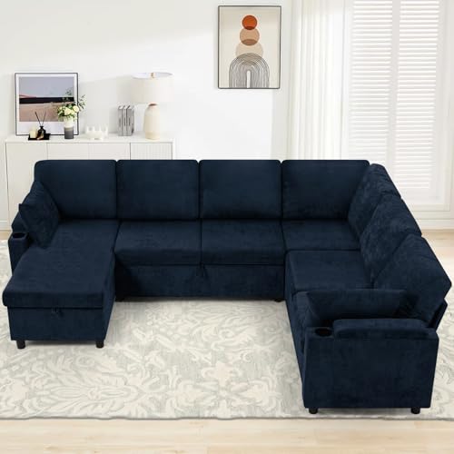 Image of 110 inch Chenille Reversible Sectional Sofa w /Pull Out Bed & Storage Chaise, U Shaped Couch w /Storage Armrests & Cup Holders,Corner Sofa w /USB Charging Port & Throw Pillow for Living Room, Blue
