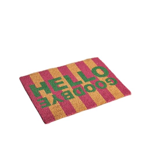 OHS Door Mat Indoor Outdoor Hello Goodbye Print, Washable Coir Door Mats Non Slip Stylish Dirt Trapper Doormats Heavy Duty Welcome Mat Front Doors Entrance Rug, Green/Pink - 40 x 60cm