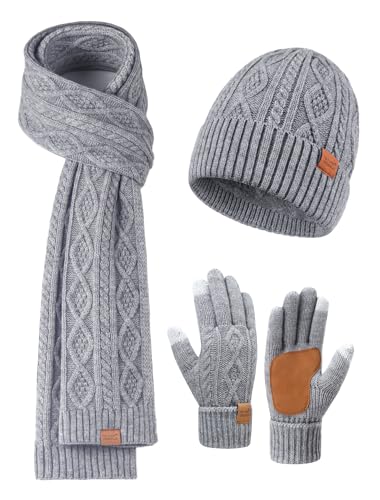 Winter Beanie Hat Scarf Gloves Set for Women Men Warm Fleece Lined Beanie Long Scarf Touchscreen Gloves 3 Set Gift