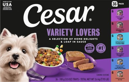 Image of Cesar Home Delights & Loaf Wet Dog Food, Variety Lovers, 3.5 oz, 36 Count | Real meat #1 ingredient, slow-cooked for tender texture, no fillers or artificial flavors, easy to digest, easy peel trays