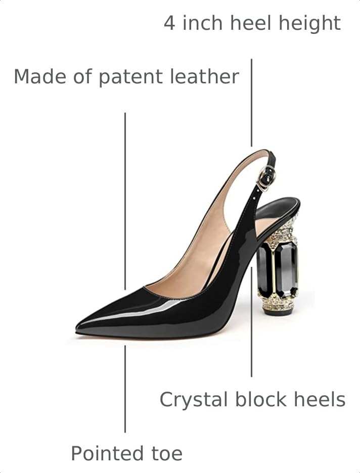 Image of JANSEVEN Women Chunky Heels Pumps Crystal Block Heels with Rhinestones Pointed Toe Sexy Gradient Patent Leather Slip on Bridal Party Wedding Dress Shoes 5-13 M US