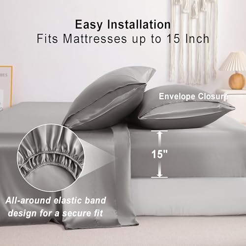 NTBAY Queen Satin Sheet Set, 4 Piece, Grey - image 5