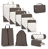 Sonnetto Compression Packing Cubes for Travel, Set of 10 Expandable Luggage Organizers with White Mesh, Lightweight Polyester Oxford Suitcase Essentials for Carry-on & Checked Luggage, Dark Grey