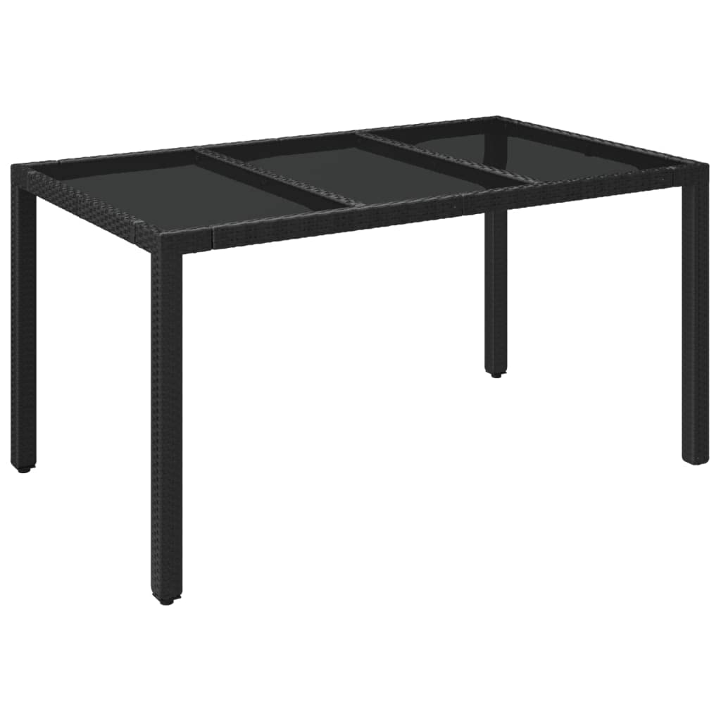 Mesa de jardín de ratán de polirratán, color negro, 150 x 90 x 75 cm, con placa de cristal duro, marco de acero pulverizado, diseño impermeable para terraza y jardín, fácil montaje