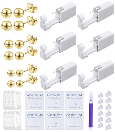 VitaCool Ear Piercing Kit Disposable Ear Cartilage Piercing Gun Kit with Sterile CZ Studs Easy and Safe Earring Self for Yourself Use at Home(Gold Mixed Patterns 3mm) 6 pcs