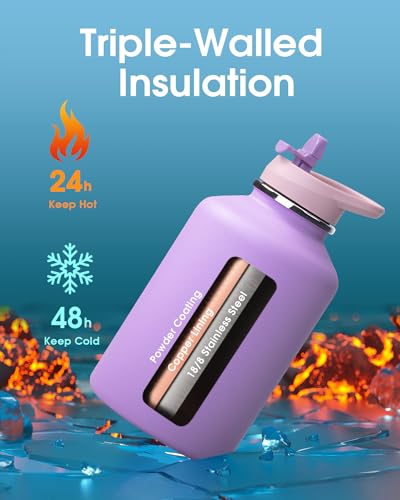 Image of Coolflask 64 oz Water Bottle Insulated with PU Leather Sleeve & 3 Lids