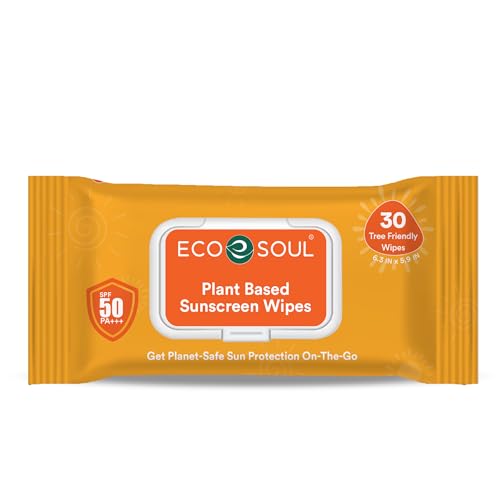 ECO SOUL Plant-Based Sunscreen Wipes SPF 50 PA+++ (30 Count Pack of 1) Broad Spectrum UVA/UVB Sun Protection | pH Balanced & Hydrating | Alcohol-Free Hypoallergenic & Dermatologist Tested