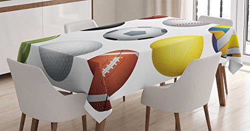 Sports Tablecloth, Diversified Sport Balls Objects In Diamond Or Circle Shape Recreational Illustration, Rectangular Table Cover For Dining Room Kitchen Decor, 60" X 84", Grey Orange #TOP12