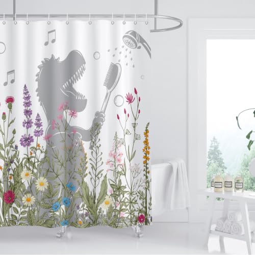 Image of Dinosaur Shower Curtain Funny Dino Sing Bathe Behind Wildflowers Trex Silhouette Shadow for Kids Bathroom Home Decor Waterproof Polyester Fabric 72Lx60W Inch with Hooks