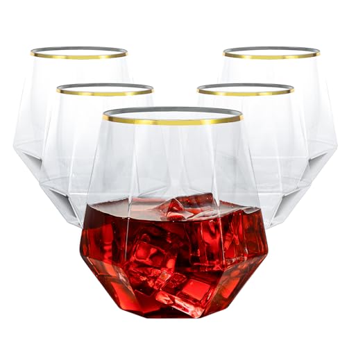 Image of Goodluck 40PCS 12oz Diamond Stemless Plastic Wine Whiskey Glasses,Gold Rim | Disposable Cocktail Glasses, Suitable for Weddings, Birthday Parties, Family Gatherings, Bars, etc
