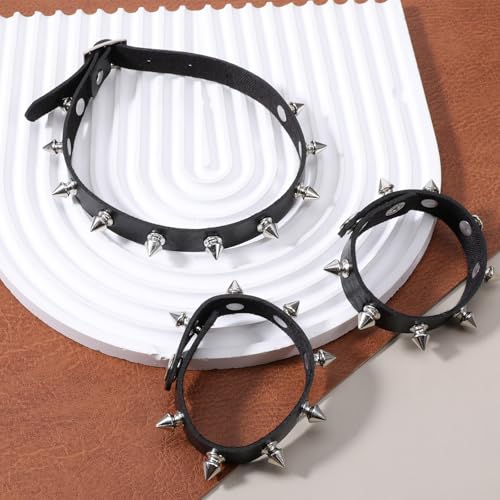 3 Pcs Leather Goth Spiked Choker, Studded Spiked Bracelets Punk Accessories Jewelry Set Leather Chokers Vintage Rock Punk Jewelry Gothic Accessories for 80s 90s Women Men Black Wristband2