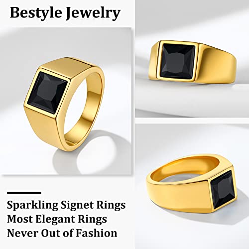 Bestyle Stainless Steel Men Signet Ring-Black/Blue Gemstone Band Ring-Classic Simple Thick Men Ring Size 7-142
