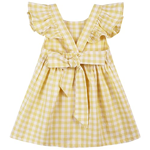 AGQT Vestido a Cuadros para niñas pequeñas, Mangas con Volantes de Cuadros Vestidos de Verano sin Espalda Vestidos de Primavera ahumados para cumpleaños, Amarillo Claro, Talla 3-4 años