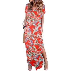 HUSKARY Women's Summer Maxi Dress Casual Loose Pockets Long Dress Short Sleeve Split Maxi Dresses