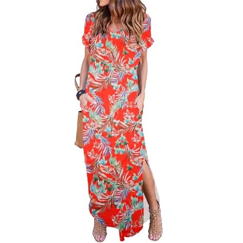 HUSKARY Women's Summer Maxi Dress Casual Loose Pockets Long Dress Short Sleeve Split Maxi Dresses X-Small Army Green 01
