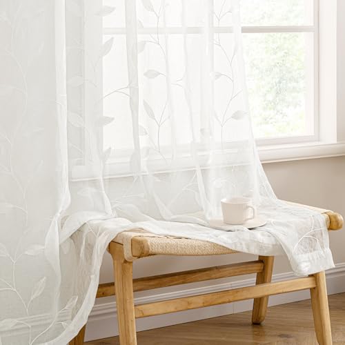 MIULEE Ivory Sheer Curtains 2 Panels Embroidered Leaf Patterned Rod Pocket Floral Semi Sheer Faux Linen Window Curtains Drapes Set for Living Room Bedroom Dining Room, 52x84 Inches Long