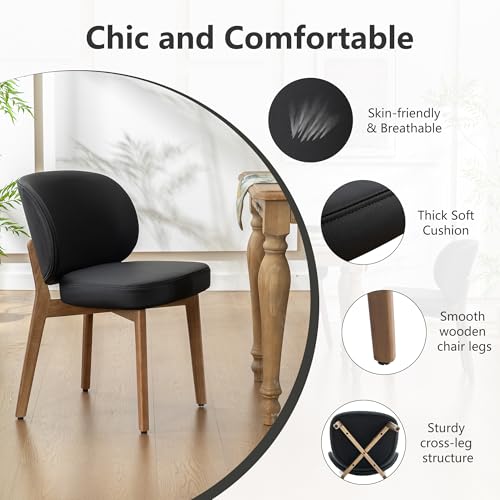 Image of YOUNIKE Dining Chairs Set of 4 Modern Kitchen Dining Room Chairs Black | Faux Leather Upholstered Armless Side Accent Chair with Back Wide Padded Seat Wooden Leg, Soft, Waterproof, Comfortable