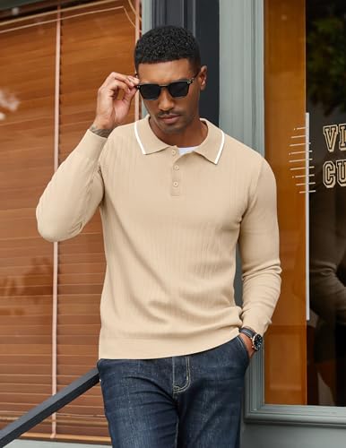 COOFANDY Polo de punto para hombre con manga larga, suéter clásico casual para golf, suéter liviano y ajustado con cuello y botones miniatura 2