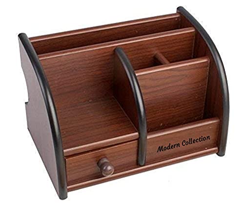 Modern Collection Wooden Pen Stand Big Size with Drawer, Mobile Holder & Remote Stand for Office Desk, Table Accessories Multipurpose Desk Organizer, Brown (Brown design-1)
