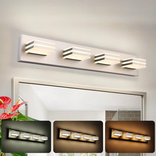 yumcrelect 4-Light LED Brushed Nickel Vanity Lights for Bathroom Light Fixtures Adjust 3 Colors Modern Bath Lighing Over Mirror LED Vanity Light 27inch