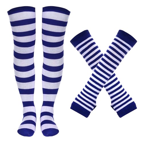 Image of Tongcloud Women's Striped Knee High Socks, Over Knee Thigh High Socks, Arm Warmer and Fingerless Gloves Set