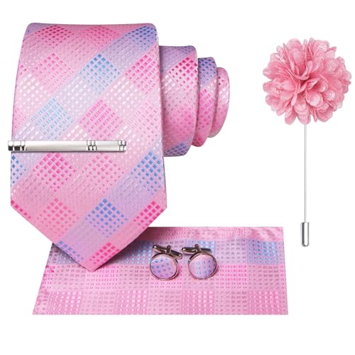 Image of Hi-Tie Mens Light Pink Blue Plaid Tie Silk Woven Necktie and Pocket Square Lapel Pin Silver Tie Clip Cufflinks Set Wedding Business 6PCS