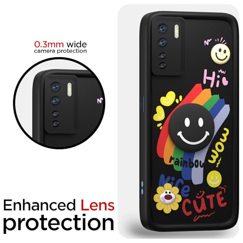 Image of Pikkme Back Cover for Oppo F15 | Soft Silicone| Cute Rainbow Smile & 3D Cartoon Flower Design | Shockproof Raised Camera Protection Bumper Case (Black)