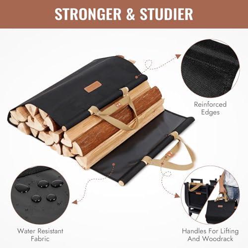 Zettfuly Firewood Carrier with Handles - Log Carrier for Firewood, Woods Carrier for Firewoods Tote Bag 38x19in, Water Resistant Log Tote Wood Carrying Bag, Wood Stove Accessories, Black