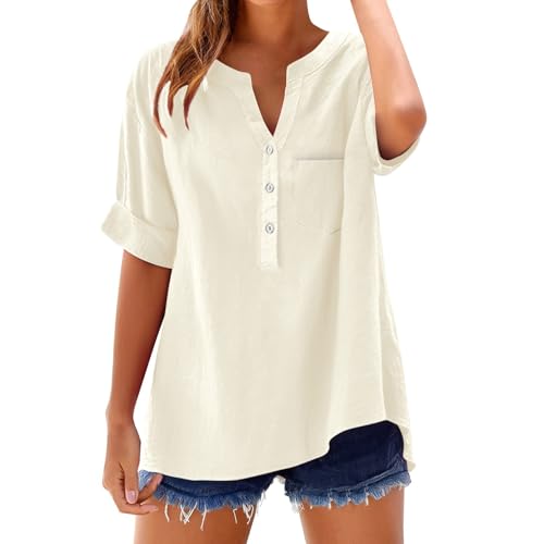 Camisetas Algodon Mujer Camisa Mujer Lino Algodón Manga Corta Camiseta Blusa Polo Ligero Verano Moda Casual Color Sólido Cómodo Suelto Cuello en V Botones Tops Elegante Basic tee Talla Grande 1