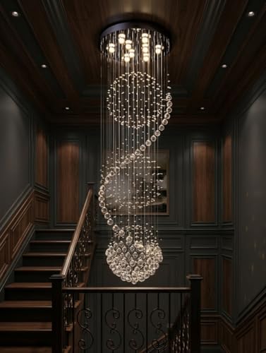 Image of Sanleen Modern Contemporary K9 Crystal Glass Double Height Chandelier Ceiling Lighting Lamp (Design 6) | 2 Ft Width x 8 Ft Height Luxury Staircase Chandelier for Duplex, Foyer, Lobby & Villa Decor