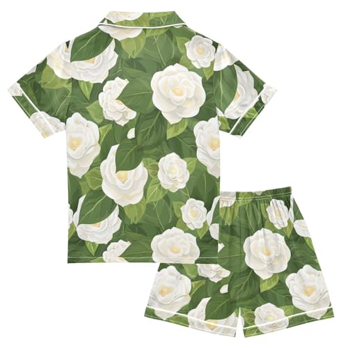 ALAZA Camellia Flower Green Satin Pajamas Set Short Sleeve Button Down Sleepwear Summer Pjs 2 Piece2