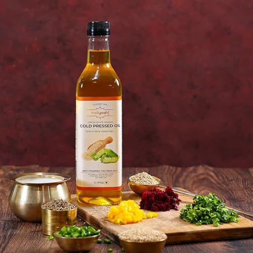 Image of Indiyeah Cold Pressed White Sesame Oil - 100% Pure and Unrefined, Naturally Cholesterol-Free | Enriched with Vitamin E and K | Rich Aroma & Flavor of Real Sesame Seeds | No Foaming | Ideal for Daily Cooking and Multipurpose Usage | A1 Grade Sesame Seeds | Cold pressed Gingerly Oil | Til Ka Tel |Purity in Every Drop | Heart-Healthy Cooking Oil | 1 Liter