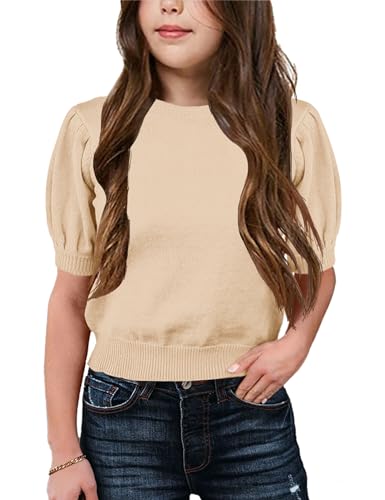 Girls Puff Short Sleeve Sweaters Crewneck Knit Pullover Jumper Kids Solid Color Blouse Tops