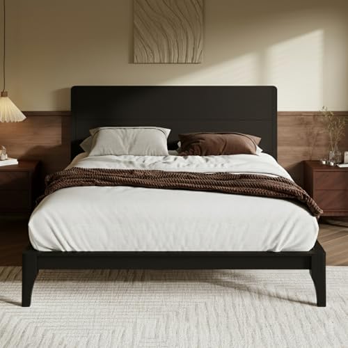 Image of Merax Queen Size Bamboo Platform Bed Frame with Tall Headboard, Black | Mid-Century Modern Solid Sustainable Bedframe Queen-Size, Wood Slat Support, No Box Spring Needed, Easy Assembly, Noise Free