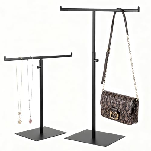 Xaajooio 2 Pcs Black Purse Display Stand, Adjustable Height T Bar Tabletop Stainless Steel Handbag Holder for Jewelry Necklaces Organizer, Home Store Boutique Retail Decor