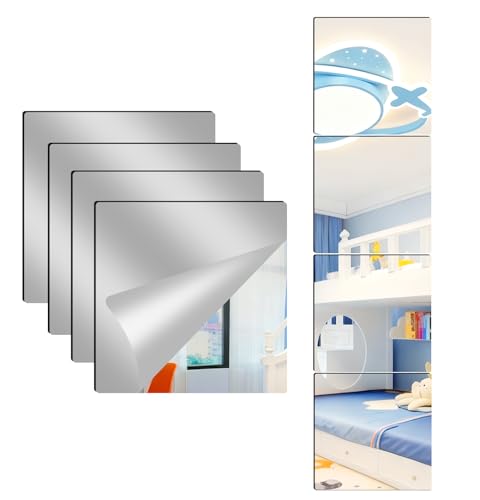 4 Pack Acrylic Mirrors for Wall,8 x 8 Inch Self Adhesive Frameless Small Mirror Tiles, Flexible Plastic Mirror Sheets for Bedroom Home Gym Door (8″X8″-4Pcs)