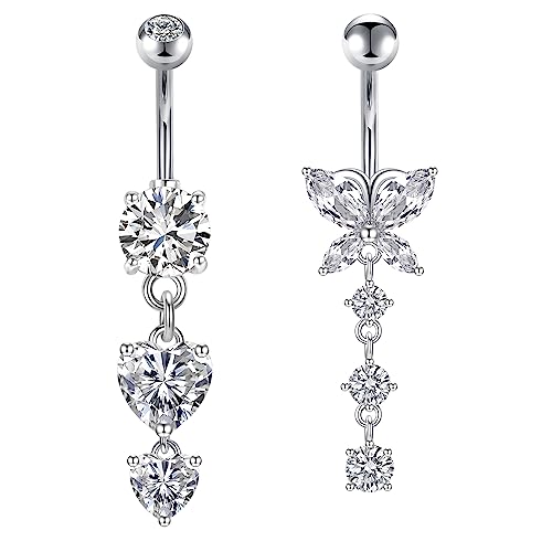 VCMART 2pcs Barre de nombril 10mm Acier Chirurgical Anneau de nombril avec pendentif 14G Papillon Coeur Piercing de ventre Bijou Argent